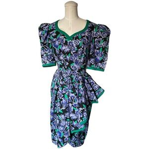 Vintage 80s Black Purple Iris Floral Green Puff Sleeve Dress Side Bow Accent